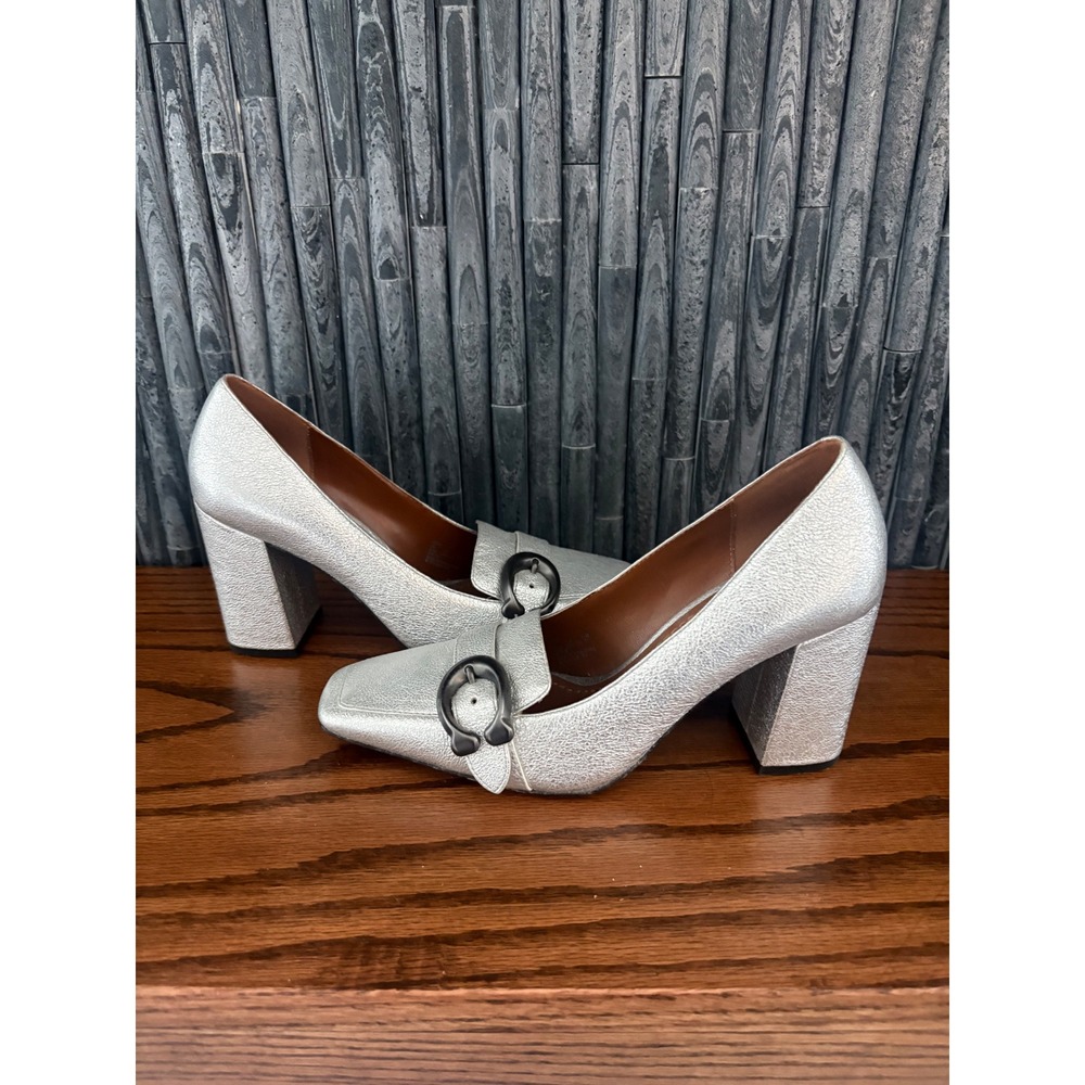 Coach Jade Metallic Silver Leather Block Heel Square Toe C Logo Pumps 6.5